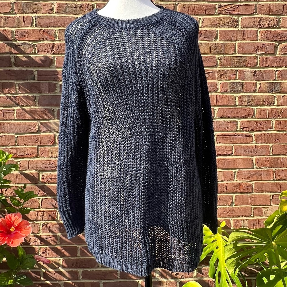 J. Crew Women's 100% Linen Open Knit Sweater Deep Navy Sz M Fisherman Nautical